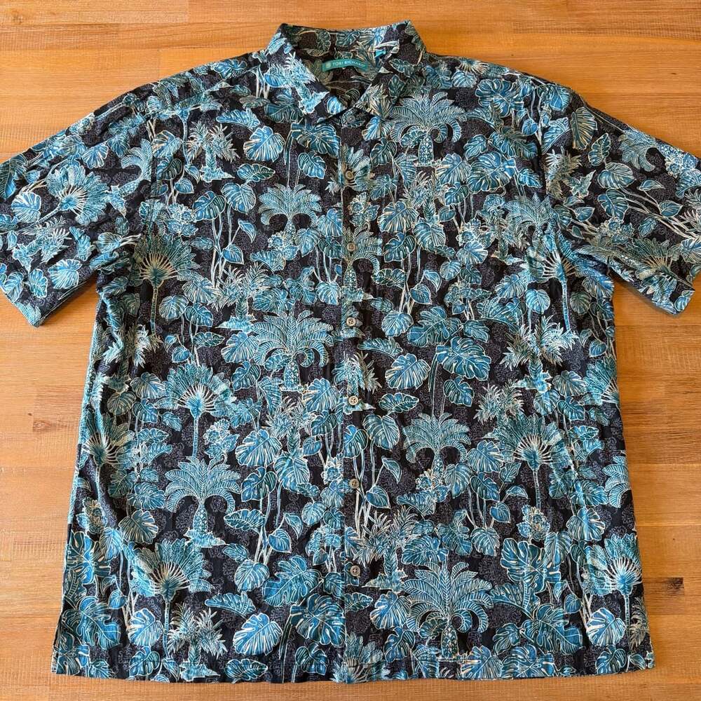 Tori Richard Tropical Roots Hawaiian Shirt Mens 2XL Black Teal Palm Cotton Lawn